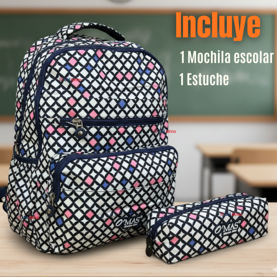 Mochila Escolar Con Estuche 46cm Poliéster Impermeable Niña Juvenil