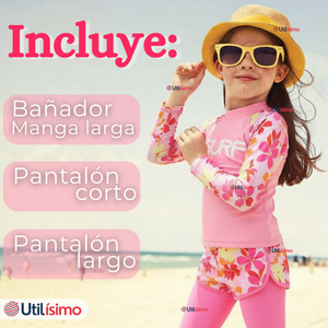 Traje de Baño Manga Larga Pantalón Largo Pantalón Corto 3 Piezas Corte Split Niña 3 a 11 años Pink Flowers