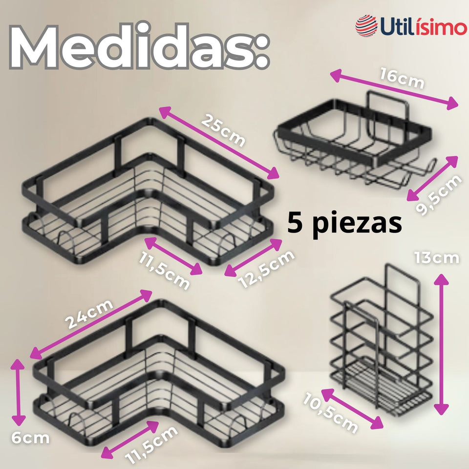 Set Organizador Esquinero Baño 5 Piezas Acero Inoxidable Instalación Adhesiva