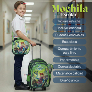 Mochila Escolar Zootopia Con Ruedas Desmontables + Estuche + Lonchera Niño Poliéster