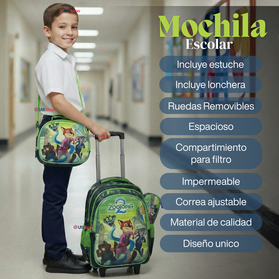 Mochila Escolar Zootopia Con Ruedas Desmontables + Estuche + Lonchera Niño Poliéster