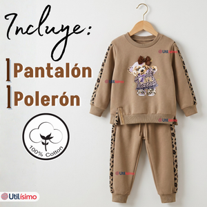 Conjunto 2 Piezas Buzo Pantalón Y Polerón Beige Osito Niña