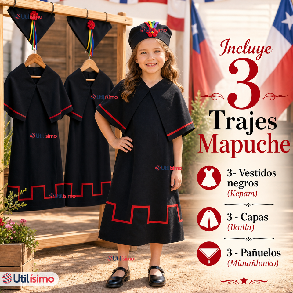 Pack 3 Trajes Típicos Vestidos Mapuche 9 Piezas Niña Fechas Patrias