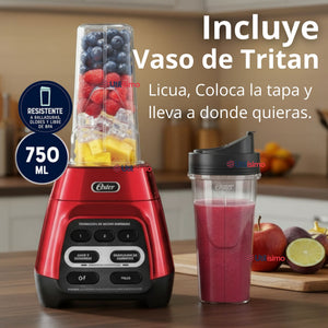 Licuadora Oster® roja con programas automáticos, tecnología reversible y vaso Blend-N-Go BLSTPYG1310RBG