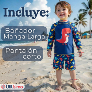 Traje de Baño Manga Larga Pantalón Corto 2 Piezas Corte Split Niño 3 a 9 años Blue Dinosaur