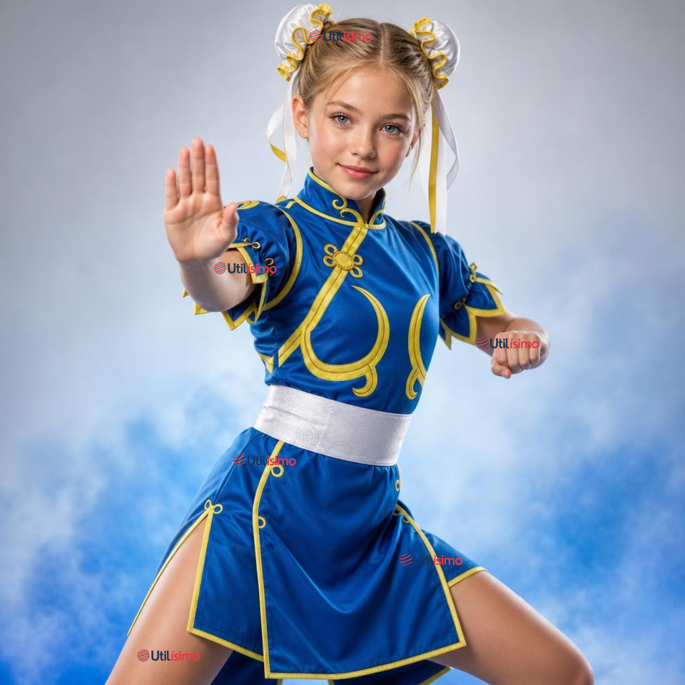 Disfraz Chun-Li Azul Completo Streef Fighter Cosplay Juvenil
