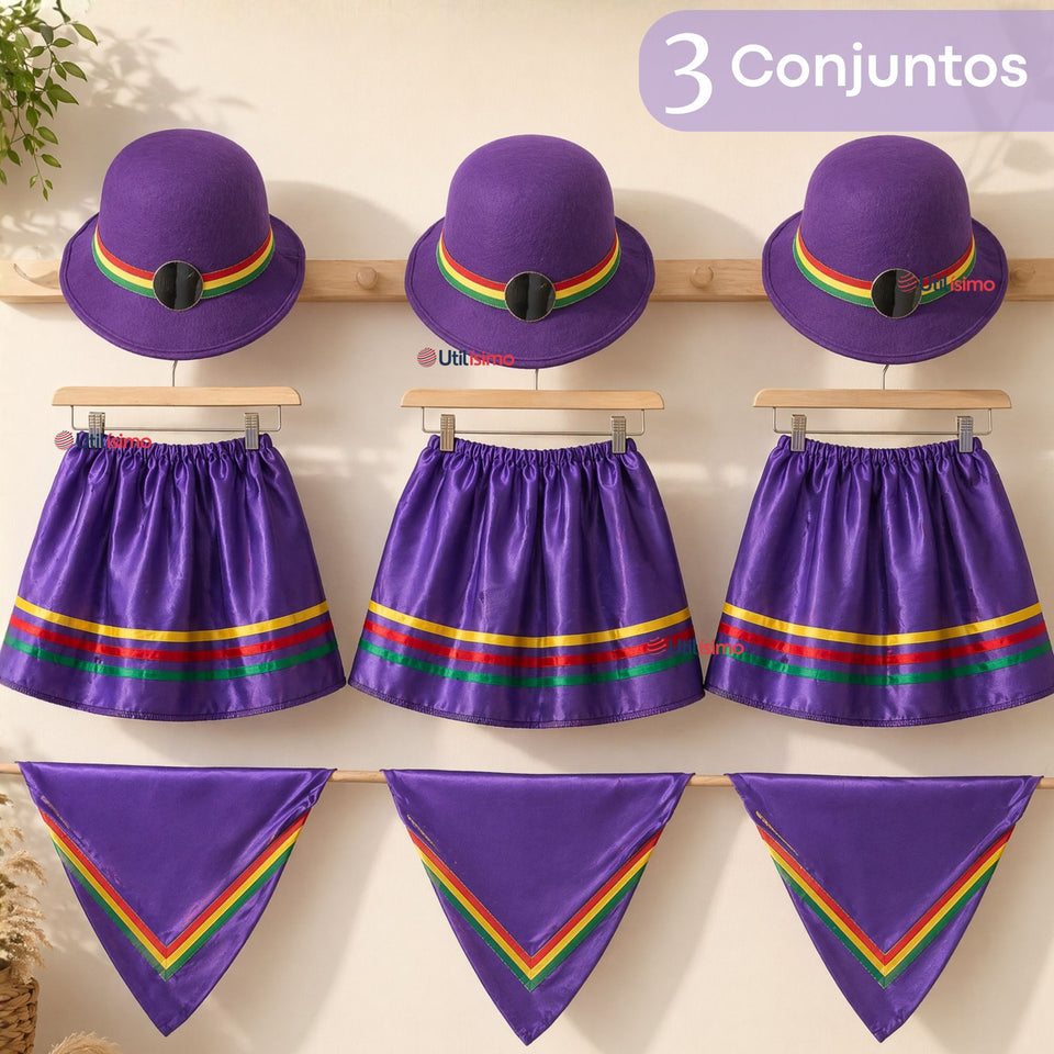 Pack 3 Trajes Nortinos Niña 3 Piezas Morado Baile Típico Fiestas Patrias