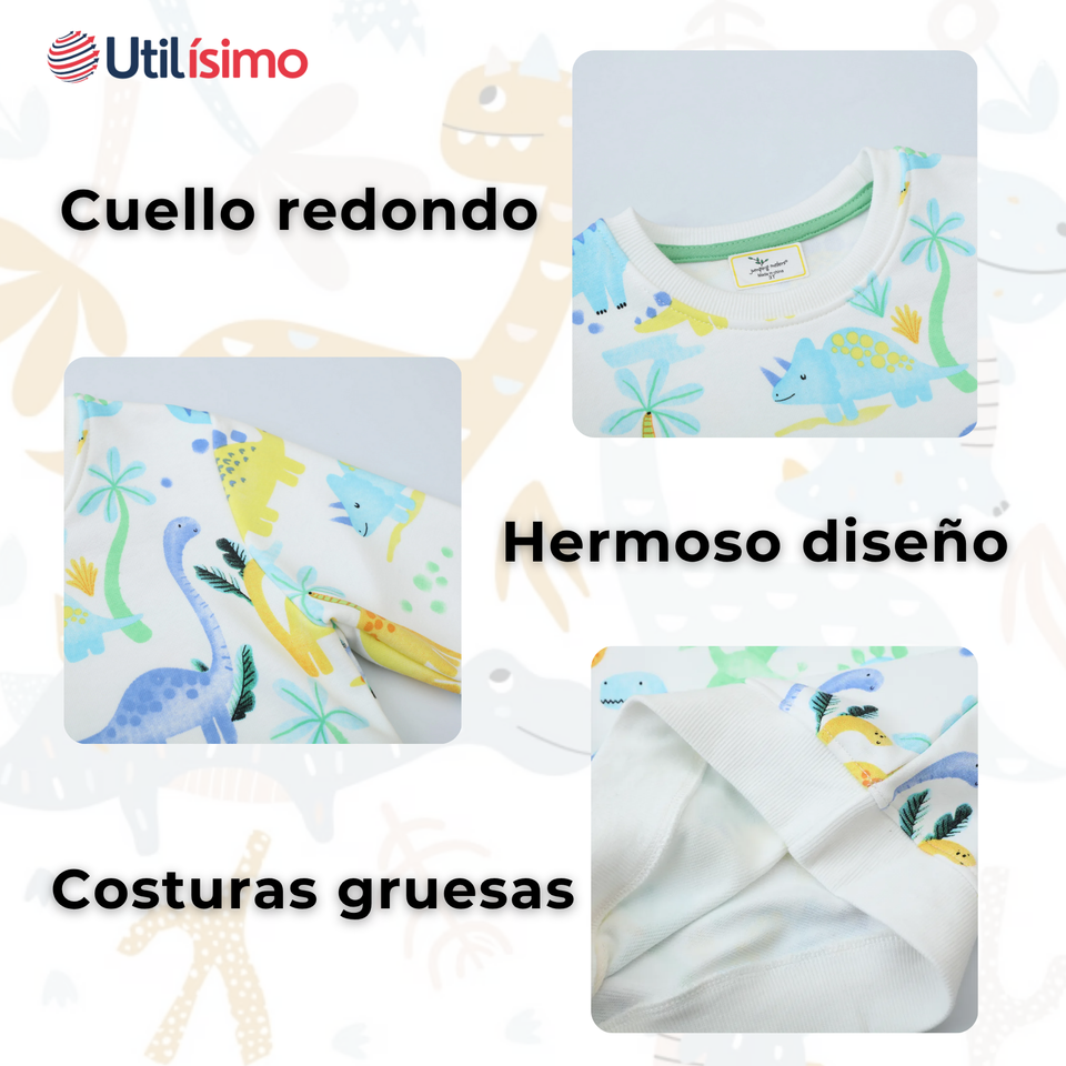 Polerón Algodón Cuello Redondo Niño Blanco Dinosaurio