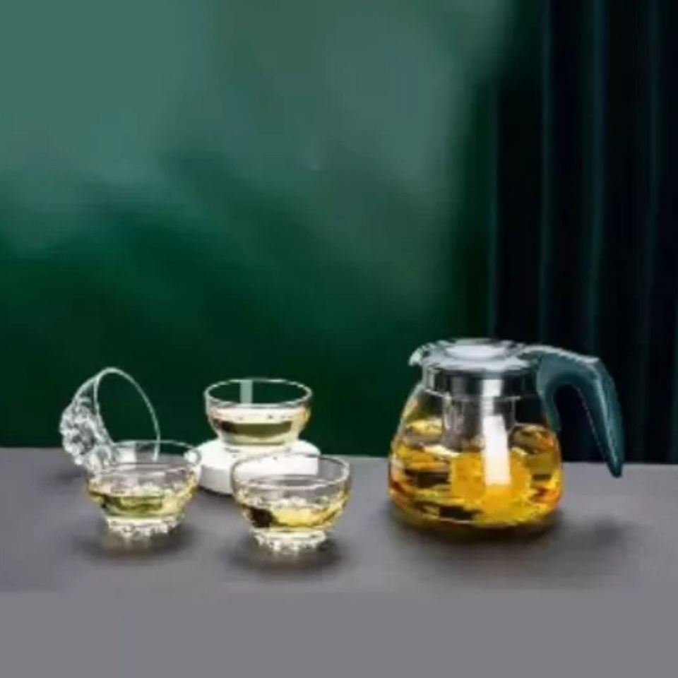 Set Tetera De Vidrio Infusión Té Con Filtro Acero Incluye 4 Tazas