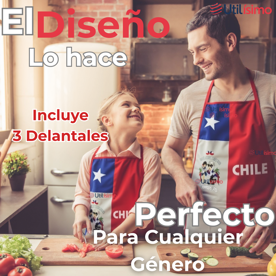 Pack 3 Delantal Cocina Chile Fiestas Patrias Bandera Chilena 60X90 CM Condorito
