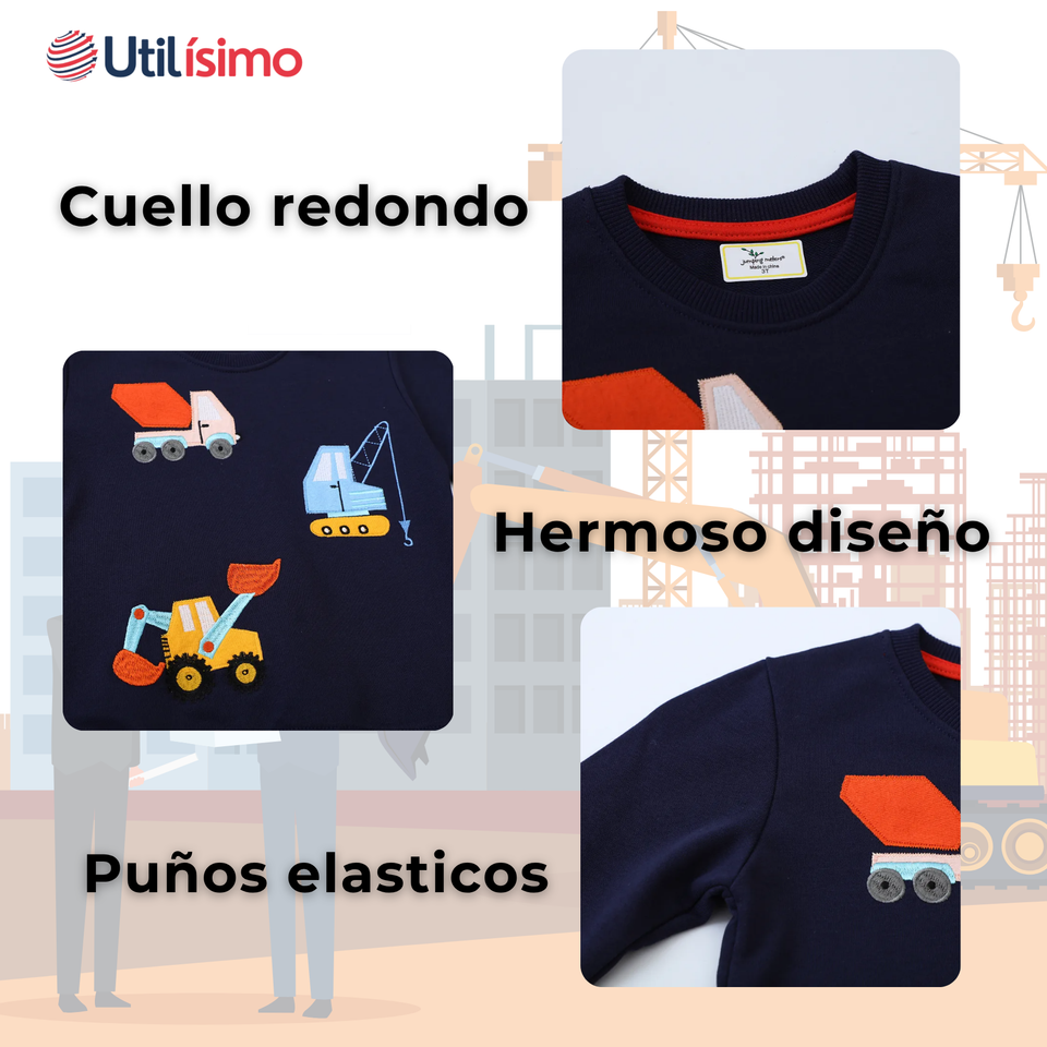 Polerón Algodón Cuello Redondo Niño Azul Grúa