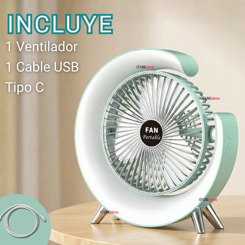 Mini Ventilador Portátil De Mesa Con Luz Led Recargable USB Verde Agua