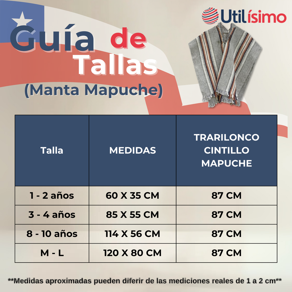 Poncho Manta Mapuche LANA GRUESO 114x56cm Fiestas Patrias