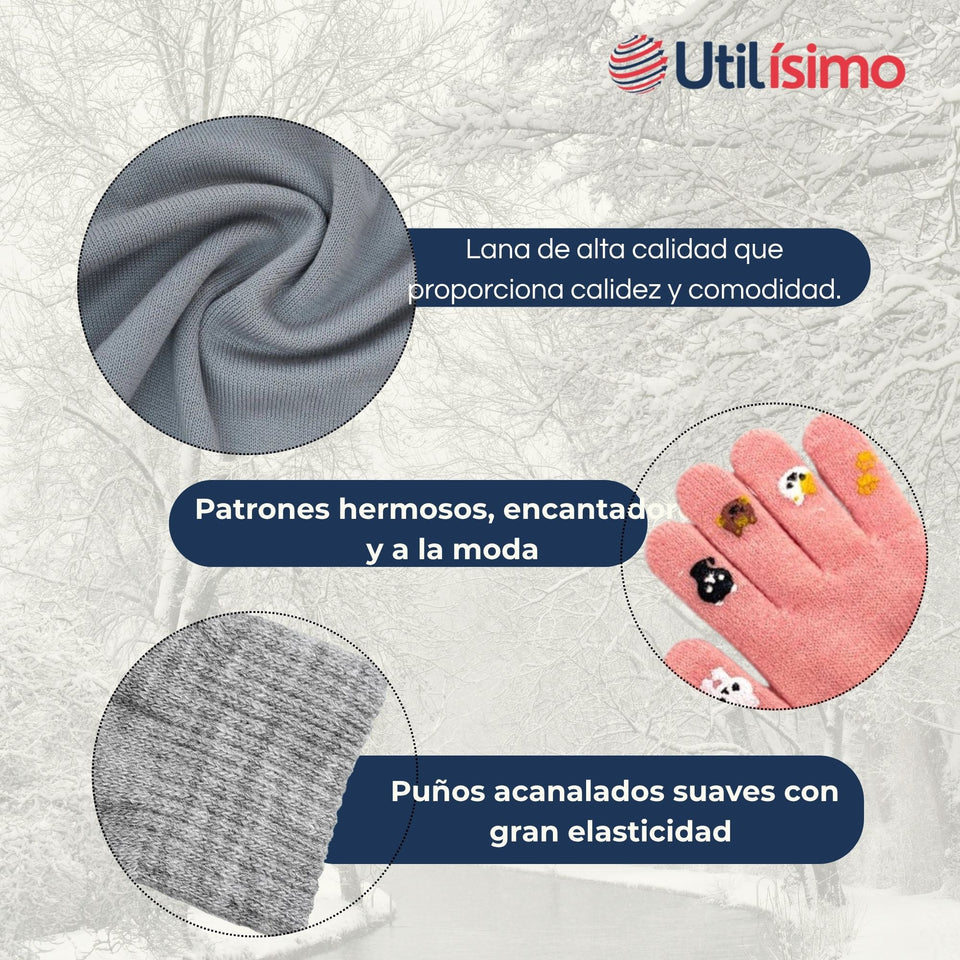 Guantes 16cm Lana Acrílica Niña Estampado Gato Colores Surtidos
