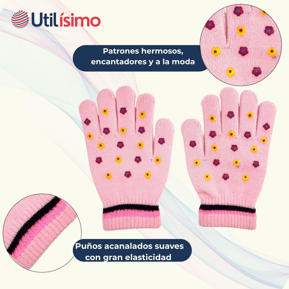 Guantes 14cm Lana Acrílica Niña Estampado Flores Colores Surtidos