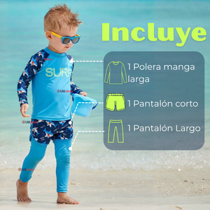 Traje De Baño Manga Larga Con Pantalón Largo y Pantalón Corto Niño de 3 a 11 Años Blue Surf