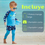 Traje De Baño Manga Larga Con Pantalón Largo y Pantalón Corto Niño de 3 a 11 Años Blue Surf