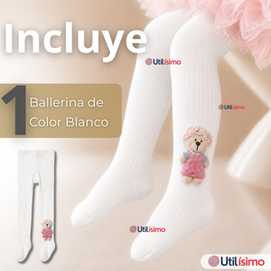 Panty 3D Osito Blanco Tejida Niña Ballerina 78% Algodón Premium