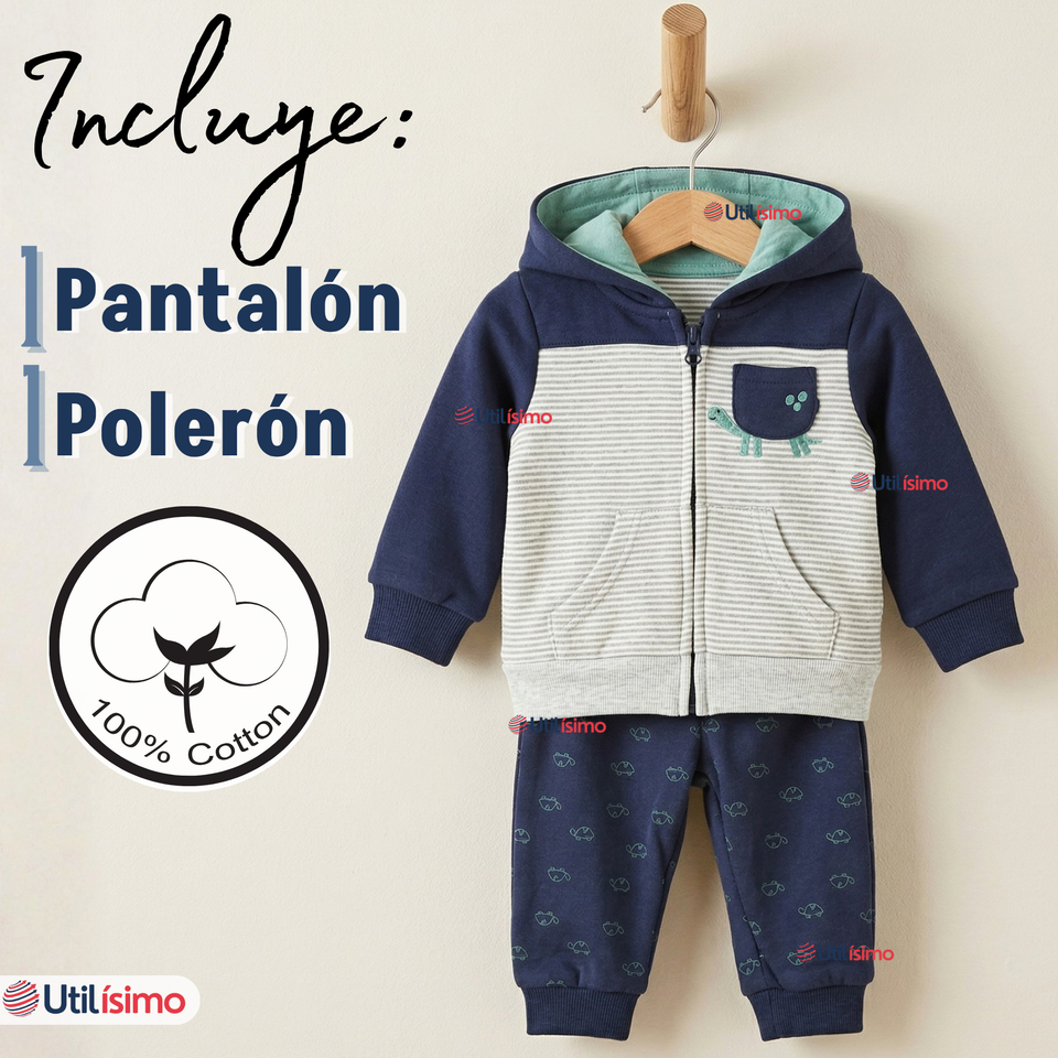 Conjunto 2 Piezas Buzo Pantalón Y Polerón De Algodón Azul Tortuga Bebé Niño