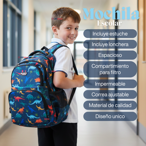 Mochila Bolso Escolar + Lonchera + Estuche 45Cm Niño Tela Oxford Dinosaur
