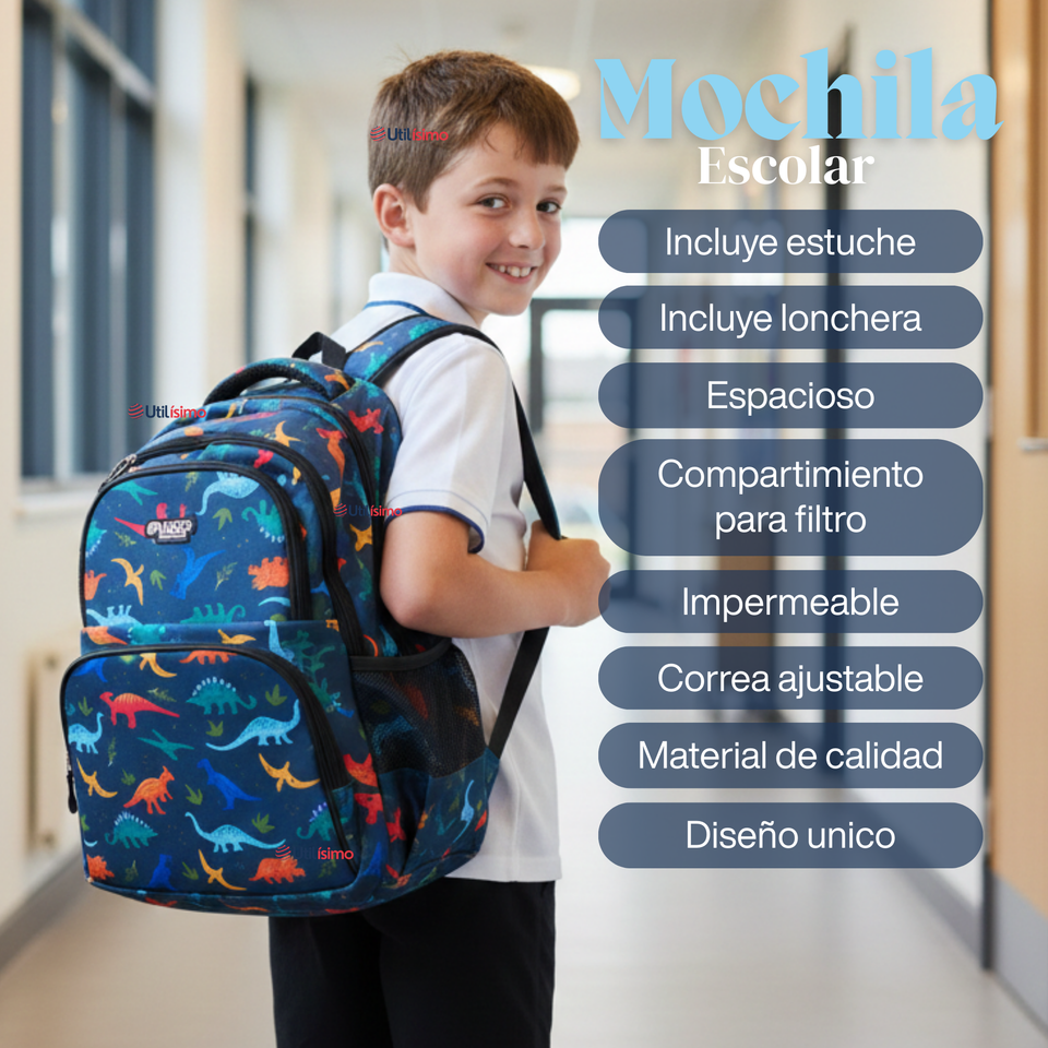 Mochila Bolso Escolar + Lonchera + Estuche 45Cm Niño Tela Oxford Dinosaur