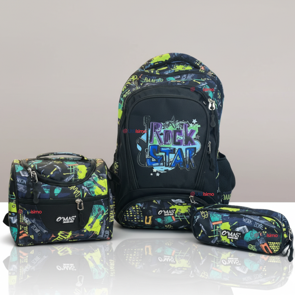 Mochila Escolar Kit Con Estuche y Lonchera 43cm Tela Oxford Rock Star Niño
