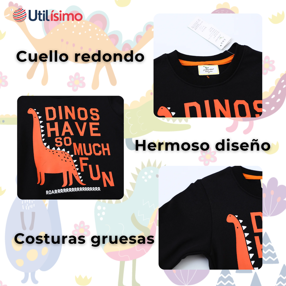 Polerón Algodón Cuello Redondo Niño Negro Dinosaurio