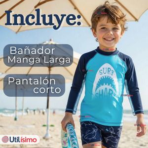 Traje de Baño Manga Larga Pantalón Corto 2 Piezas Corte Split Niño 3 a 9 años Blue Shark