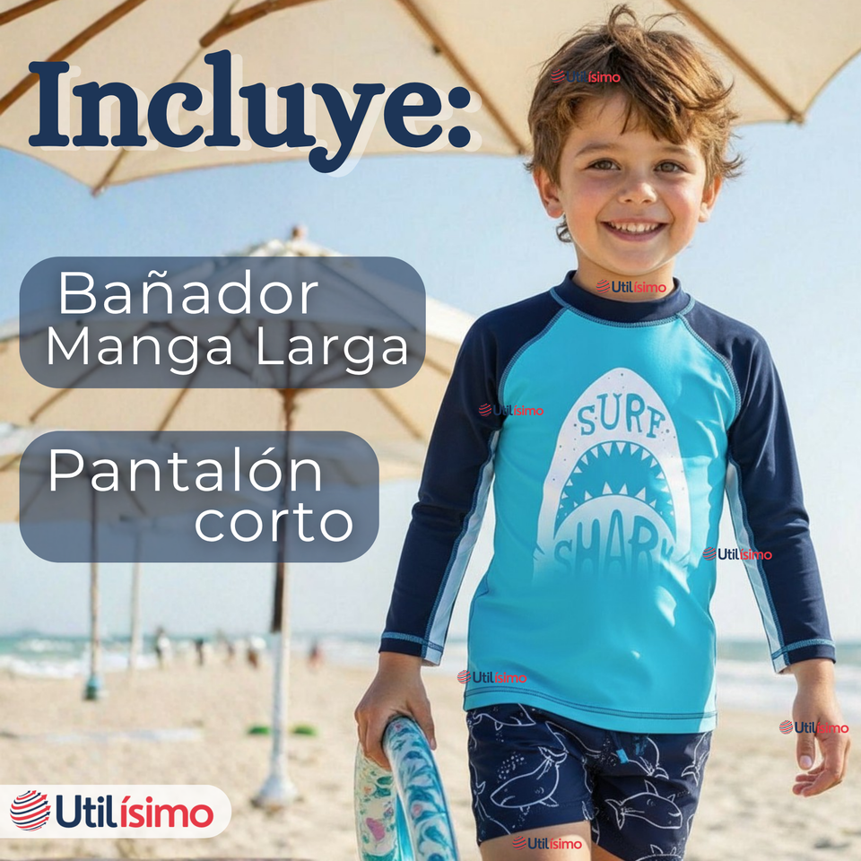 Traje de Baño Manga Larga Pantalón Corto 2 Piezas Corte Split Niño 3 a 9 años Blue Shark