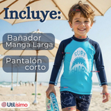 Traje de Baño Manga Larga Pantalón Corto 2 Piezas Corte Split Niño 3 a 9 años Blue Shark
