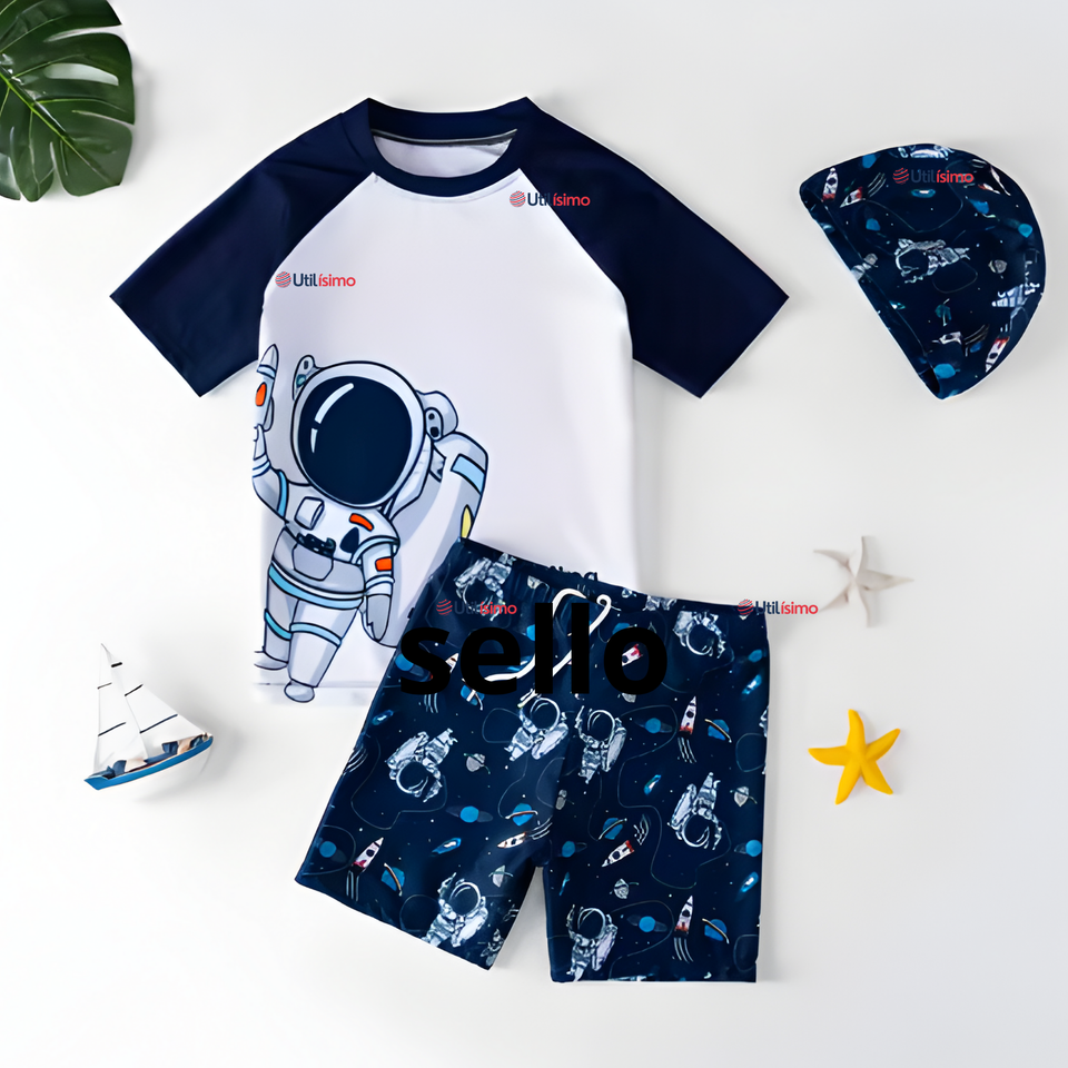 Traje De Baño 2 Piezas Con Gorro Niño 4 a 14 Años Protección Completa Astronaut