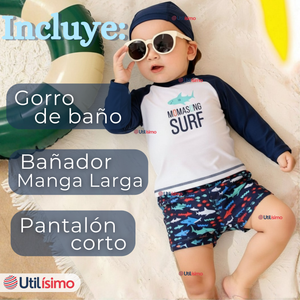 Traje de Baño Con Gorro Pantalón Corto Manga Larga 3 Piezas Corte Split Niño 3 a 9 años Blue Surf