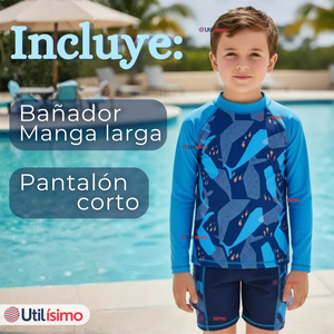 Traje de Baño Manga Larga Pantalón Corto 2 Piezas Corte Split Niño 3 a 9 años Blue