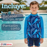 Traje de Baño Manga Larga Pantalón Corto 2 Piezas Corte Split Niño 3 a 9 años Blue