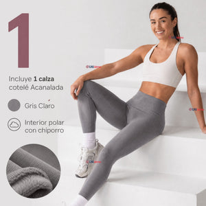 Calza Acanalada Cotelé Polar Con Chiporro Térmica Mujer Elásticada Gris Melange
