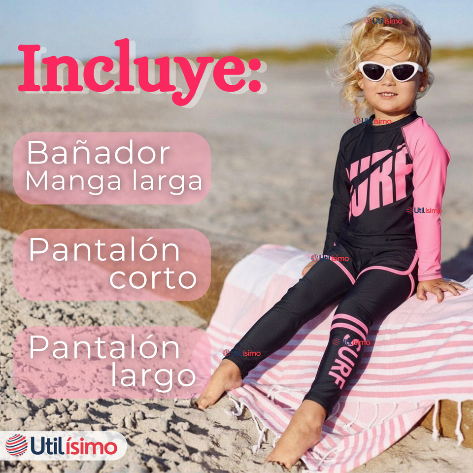 Traje de Baño Manga Larga Pantalón Largo Pantalón Corto 3 Piezas Corte Split Niña 3 a 11 años Black Surf