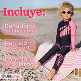 Traje de Baño Manga Larga Pantalón Largo Pantalón Corto 3 Piezas Corte Split Niña 3 a 11 años Black Surf