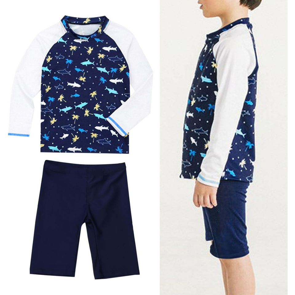 TRAJE DE BAÑO SPF UV50+ 2 PIEZAS MANGA LARGA NIÑO FISH NAVY
