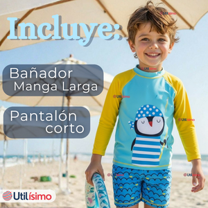 Traje de Baño Manga Larga Pantalón Corto 2 Piezas Corte Split Niño 3 a 9 años Blue Penguin