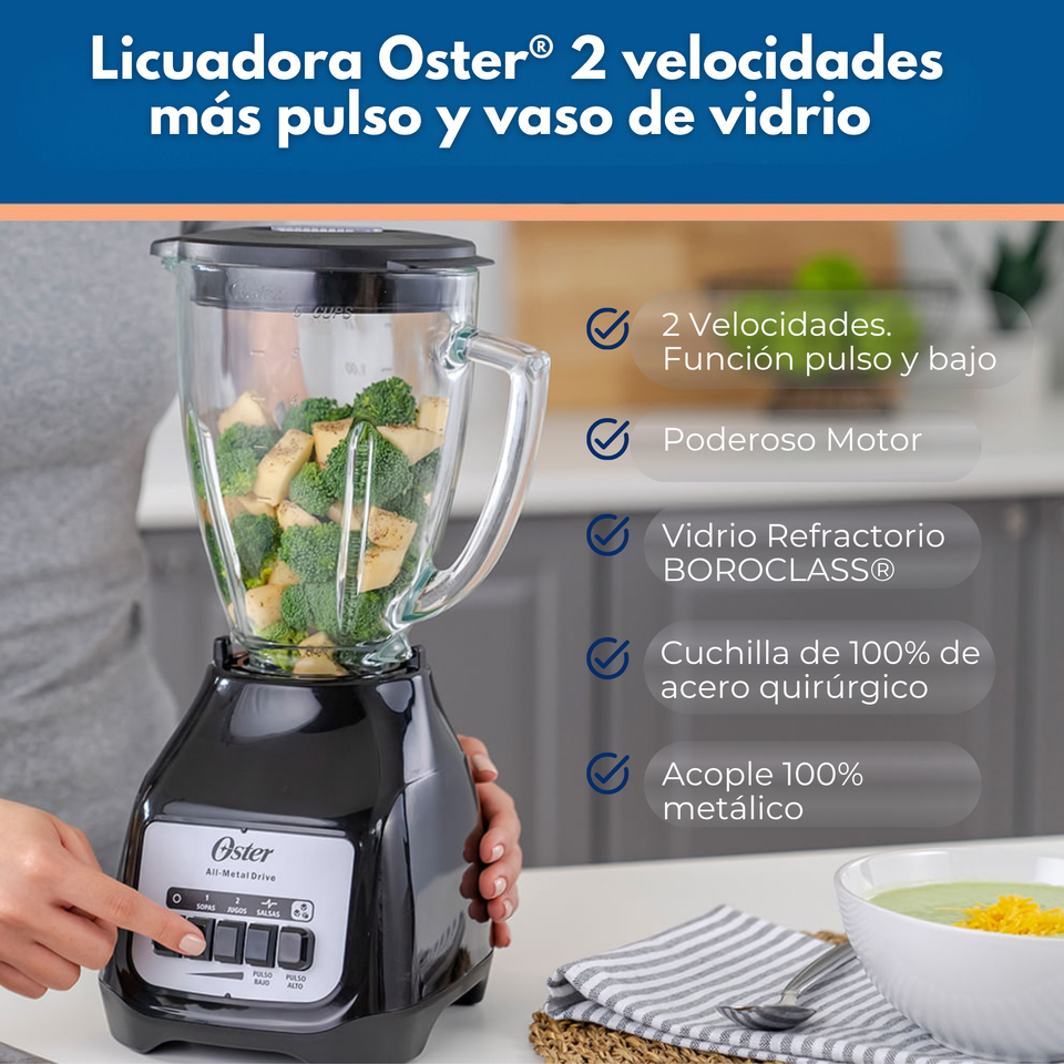 Licuadora Oster® 2 velocidades más pulso y vaso de vidrio BLSTKAGBPB