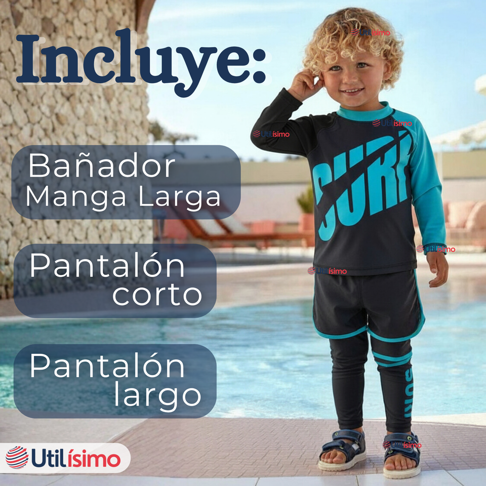 Traje de Baño Manga Larga Pantalón Largo Pantalón Corto 3 Piezas Corte Split Niño 3 a 11 años Black Surf