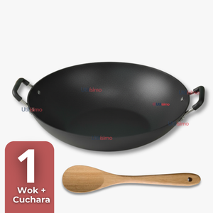 Wok Chino Acero Inoxidable Antiadherente 34cm+ Cuchara de Madera de Bambú
