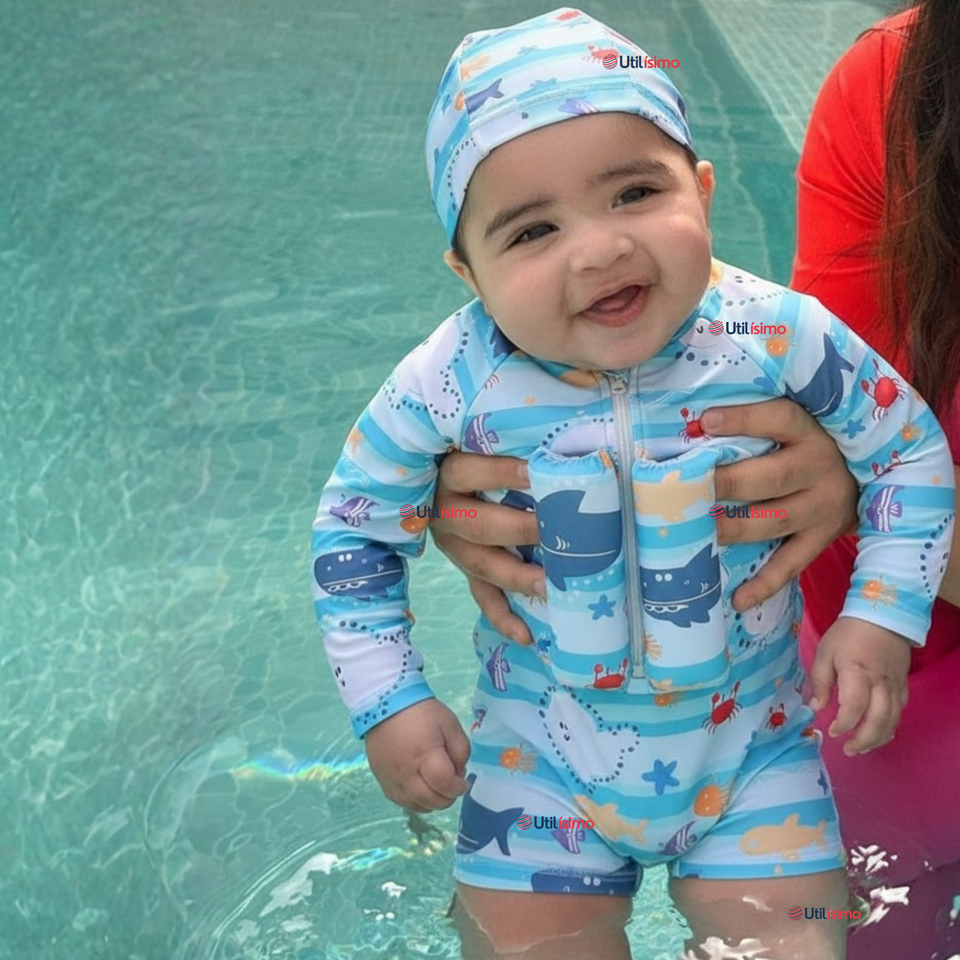 Traje de Baño Flotador Enterito Con Gorro Niño 2 Piezas 9 a 36 Meses Blue Sea