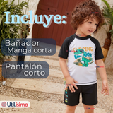 Traje de Baño Manga Corta Pantalón Corto 2 Piezas Corte Split Niño 3 a 9 años Black Dinosaur