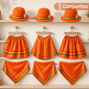 Pack 3 Trajes Nortinos Niña 3 piezas Naranja Baile Típico Fiestas Patrias