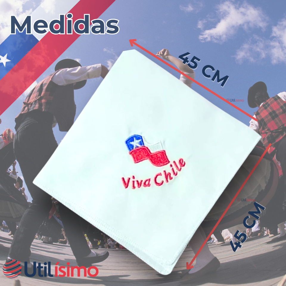Pack 3 Pañuelos Baile Cueca 45CM Bordado Viva Chile Fiestas Patrias