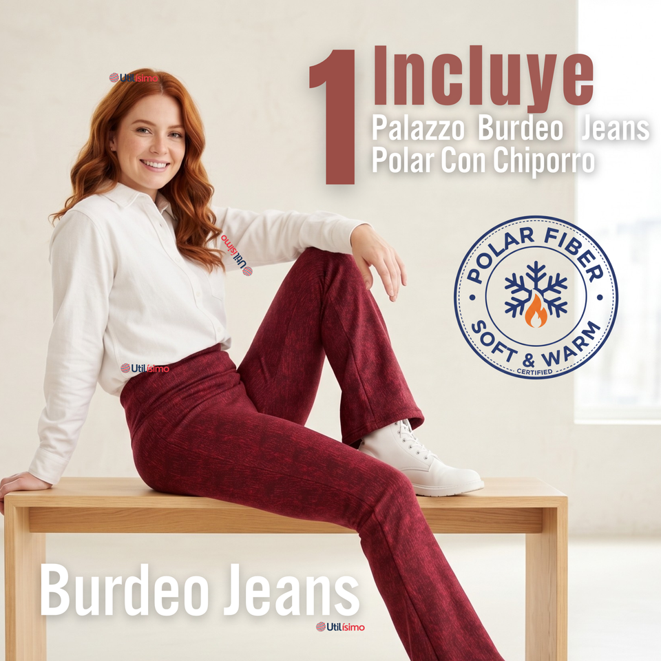 Calza Polar Con Chiporro Palazzo Mujer Elasticada Térmica Burdeo Jeans