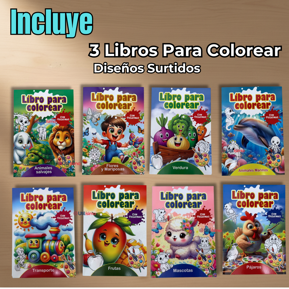 Pack 3 Libros Para Colorear Pintar  Educativo Con Stickers Diseños Surtidos
