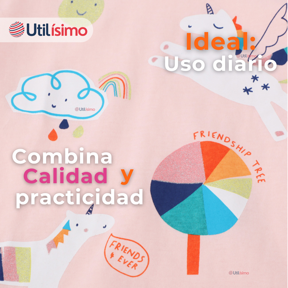 Polera Manga Larga Niña 100% Algodón Dinosauro Unicornio Rosado Camiseta