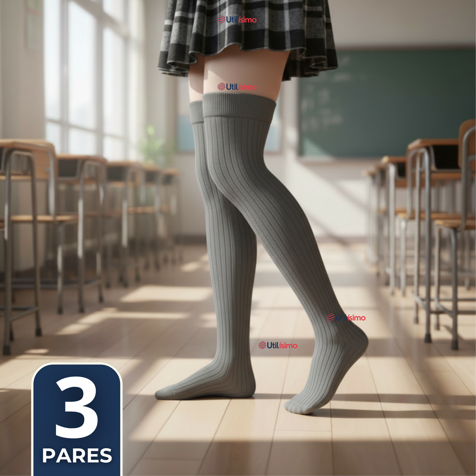 Pack 3 Bucaneras Escolares Calcetines Acrílico Gris Premium Niña y Juvenil